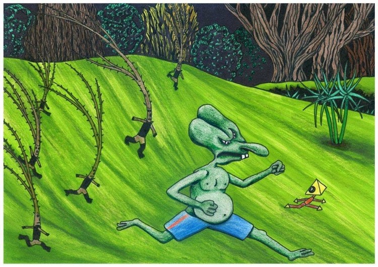 Thorns want to pummel nasal herbivore, naive art illustration, fantasy story, for sale