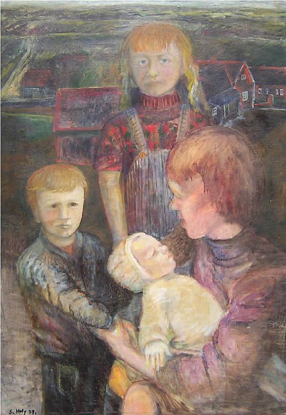MOTHER AND 3 CHILD - OIL ON CANVAS