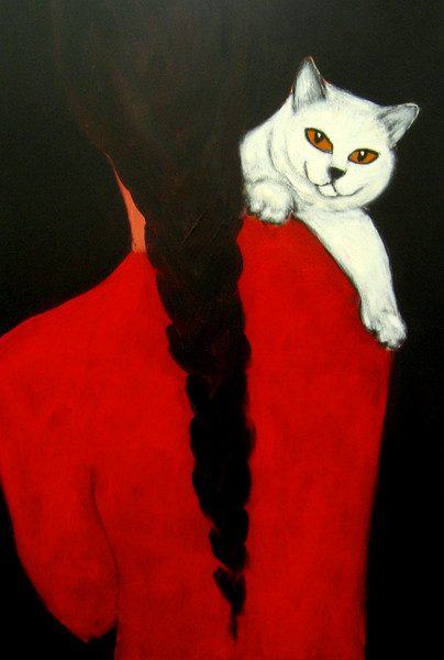 white cat, black braid