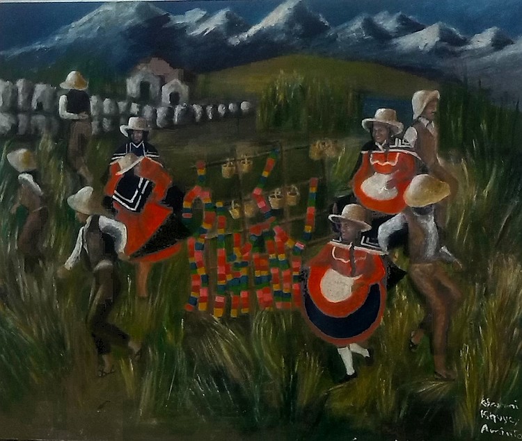 Carnaval de Ayacucho Perú óleo sobre lienzo 2016  Serie Matices peruanos 100x100cm Warmi Khuyay Amin