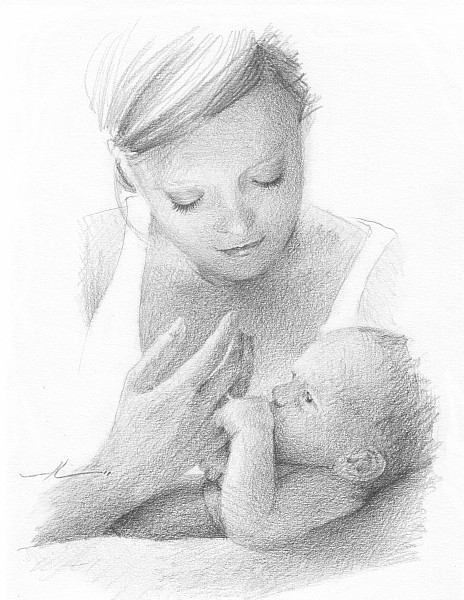 mom and baby pencil portrait