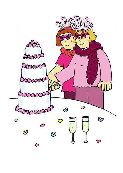 Ladies cutting the cake.