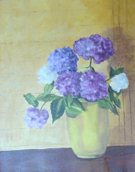 Hydrangeas in Yellow Vase