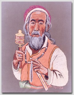 Sikkmese with prayer wheel