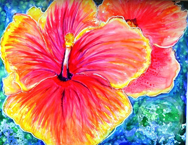 Pink Hibiscus colorful painting on sale