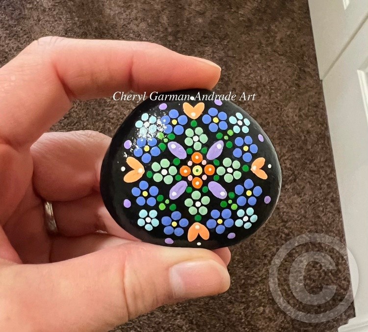 Blue and Orange Flower Mandala Dot Art River Stone. 