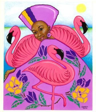 woman with flimingos
