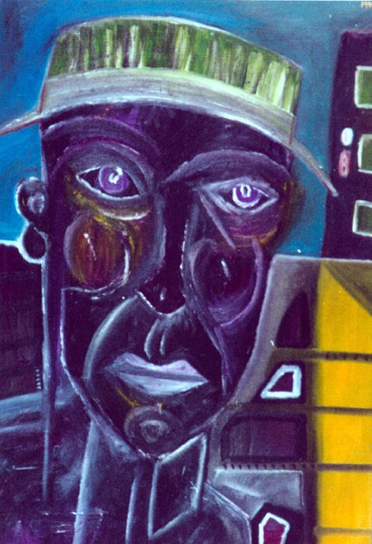 purple black man with yellow hat