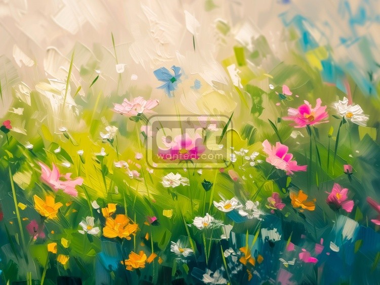 Spring Print, Flower Field Landscape Printable Art, Flower Meadow Oil Painting, Vintage Style decor