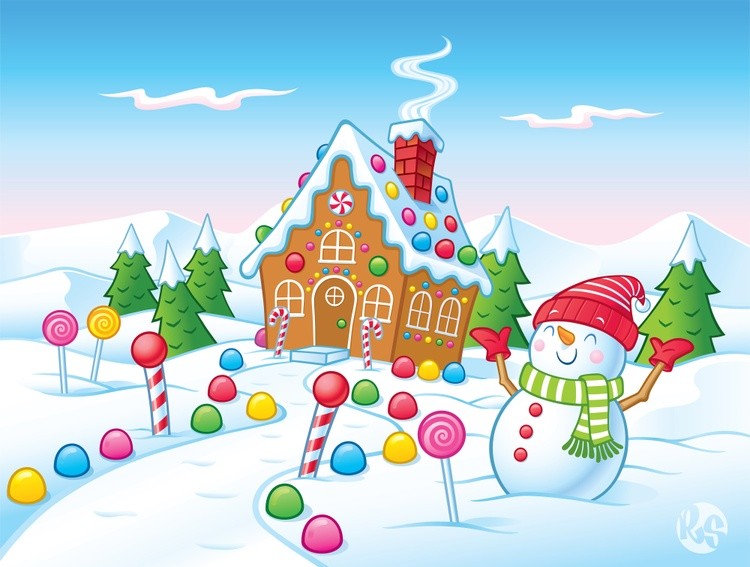 Cute Gingerbread House With Happy Snowman 
