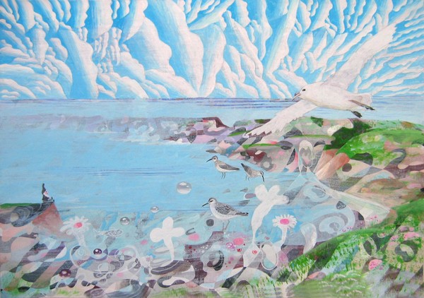 Gnome watching a Fulmar by the Shore 