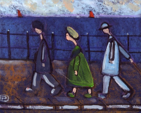 3 People and a dog on a promenade