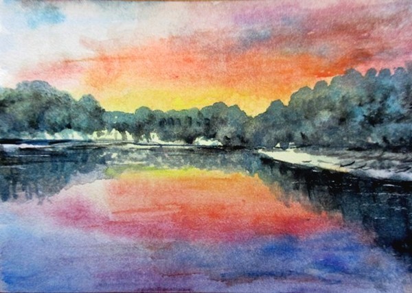 Sunset river aceo original painting