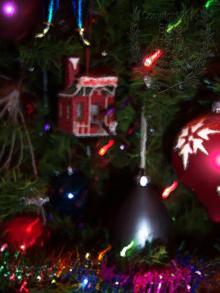 Christmas tree, ornaments, tinsel & colorful light