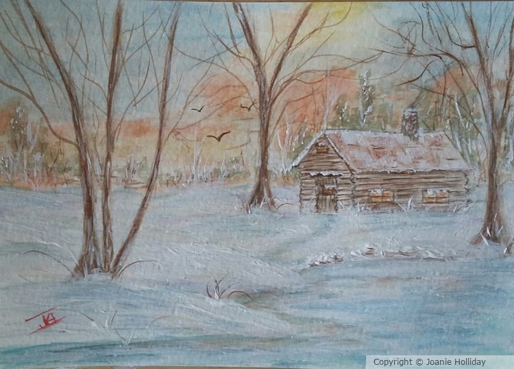 WINTER CABIN. 5X7 WATERCOLOR