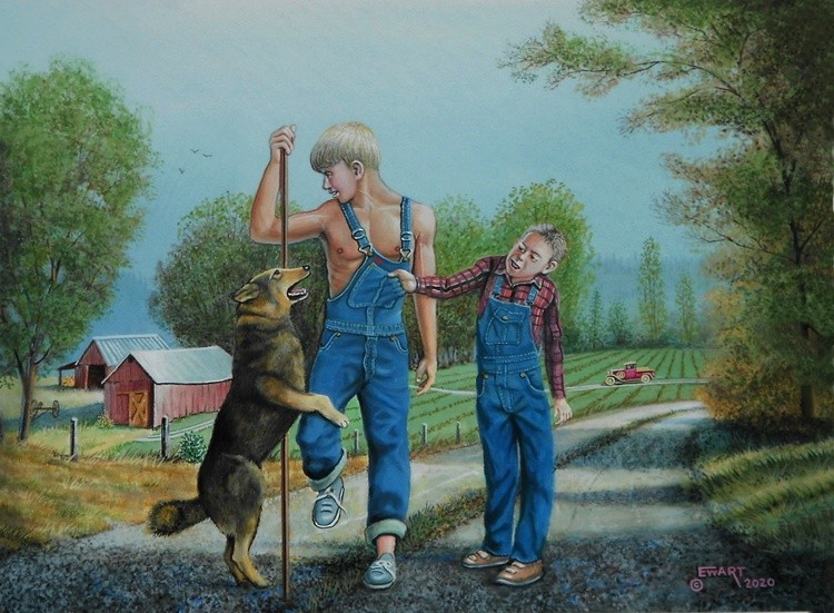 Two boys and their dog Farming scene Painting