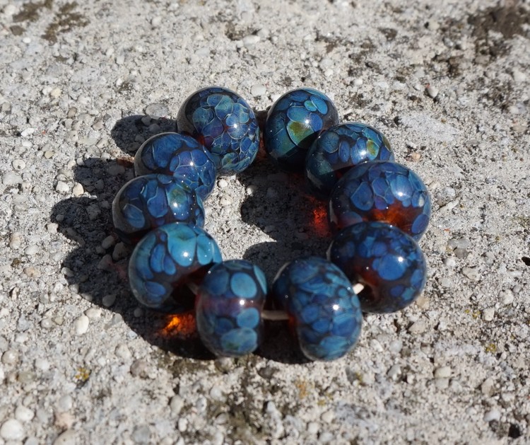 Blue Frit on Amber Beads
