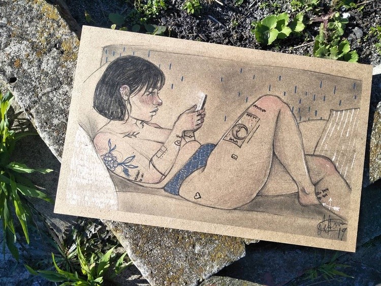 Belly rolls club  Charcoal and colour pencil on wood I found in the shed  portraitportraitDrawingske
