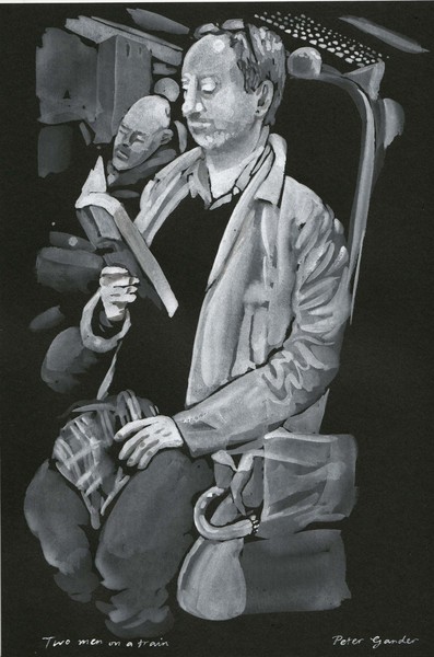 Two men on a train (gouache on black)