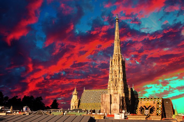 Cathedral in scarlet sky