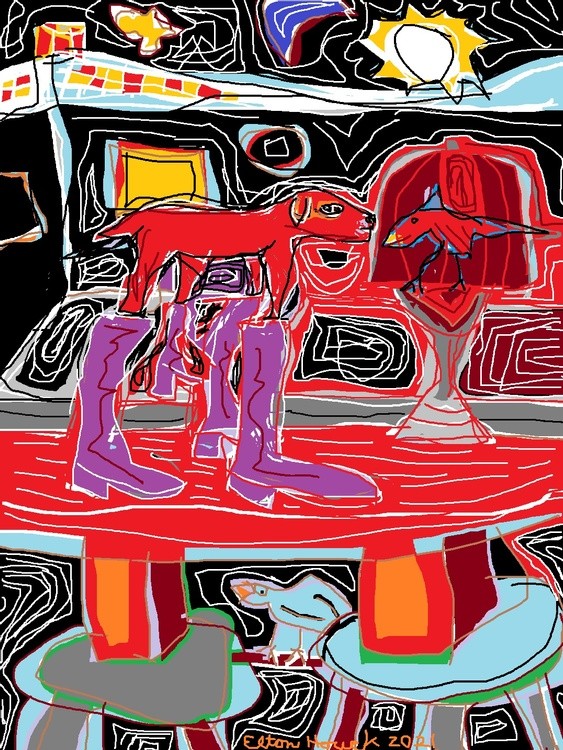 adventures of red dog --saga 6---showing bird boy his purple cadet boots....(c) ..2021..elton houck.