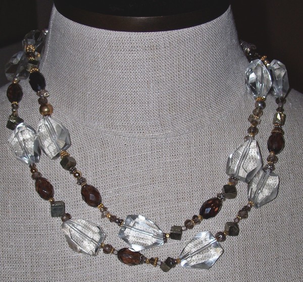 Crystal Pyrite Smoky Qrtz Double Strand Necklace  