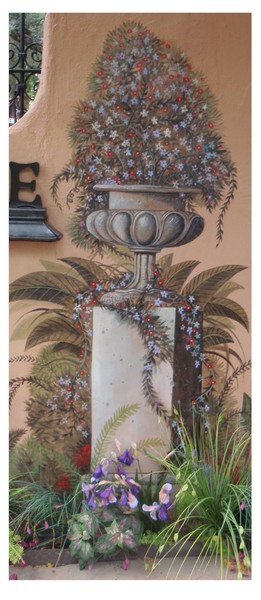 trompe l oeil vase on masonry