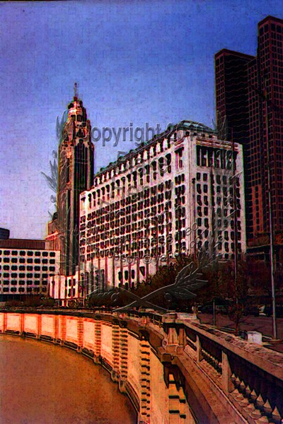 Waterfront city buildings digital art