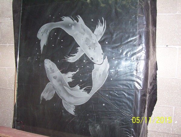 etching shower door,coy fish