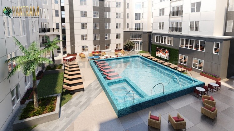 Contemporary Exterior Pool View with Landscaping Architectural Rendering Service by Architectural De