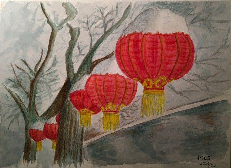 Red balloons in winter at Beijing