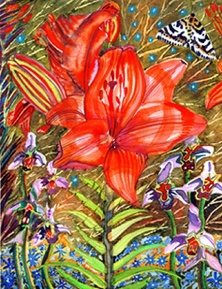 Red Lilie and Bee Orchids and Magpie Moth