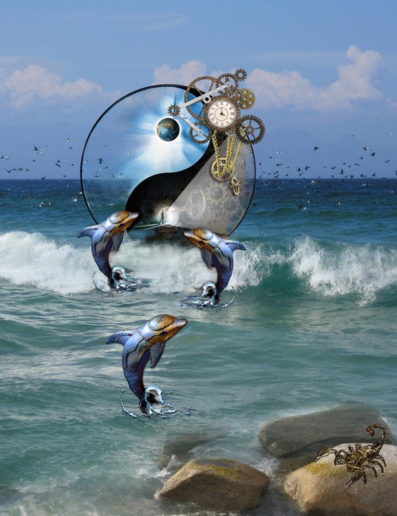 flying birds high surf dolphins steampunk