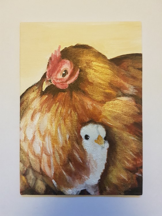 brown chicken mother hen with chick in acrylics on small A5 canvas board 2019 (unfinished)