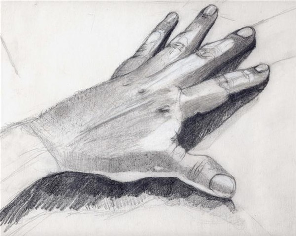 Left-Hand study in pencil and white charcoal
