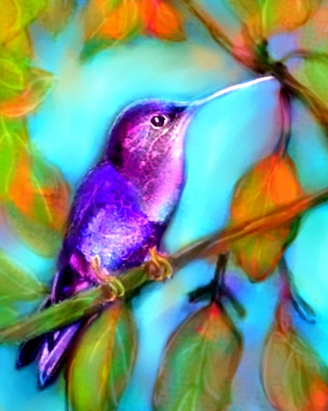 hummingbird perching in tree  (pastel/watercolor)