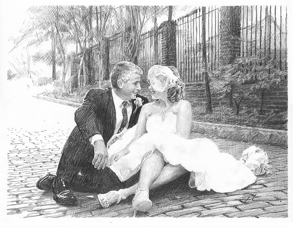 newlyweds on cobblestones pencil drawing