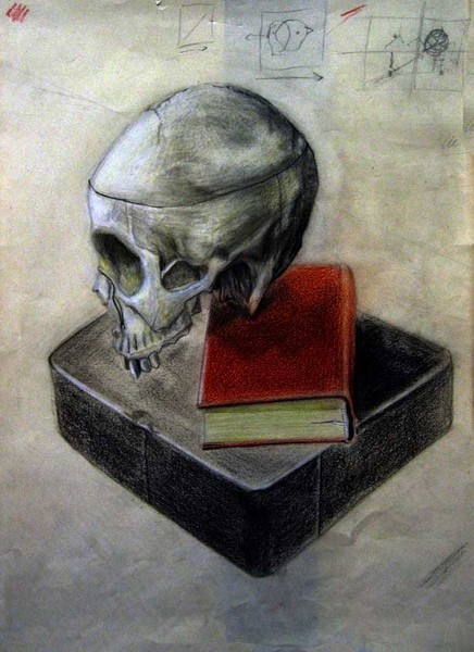 still life with skull upon book upon ltgphy. stone