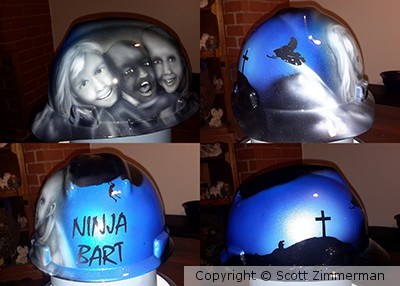 Hard hat with sports and family portrait