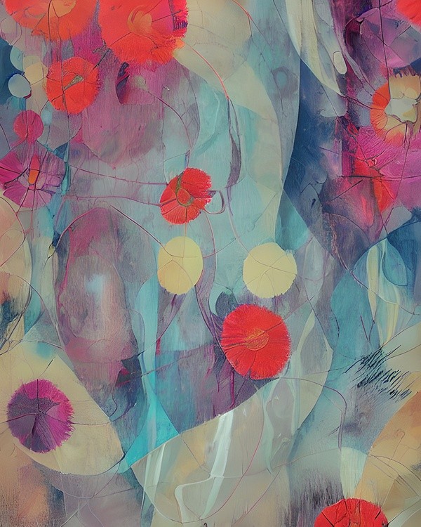 Abstract red flowers on blue