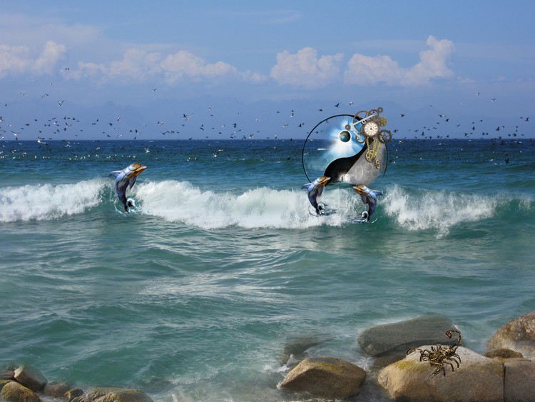 flying birds high surf steampunk dolphins