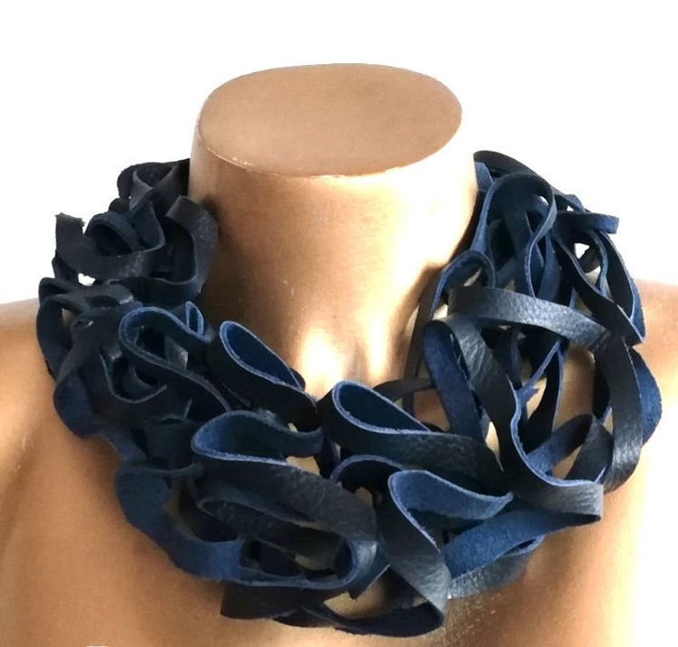  blue,recycled leather, statement necklace