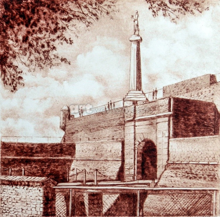 Kalemegdan Fortress in Belgrade with a view of the Winner monument. Artistic souvenir of Belgrade