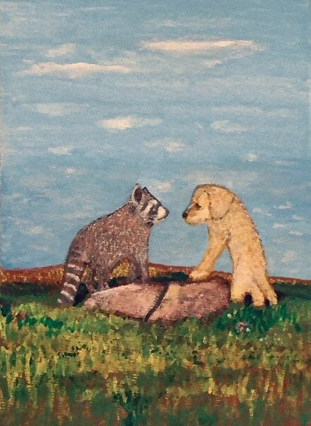 GOLDEN PUP MEETS RACCOON