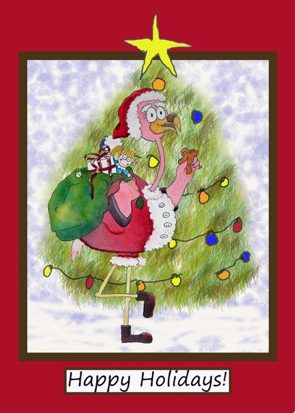 Pink Flamingo Merry Christmas Card