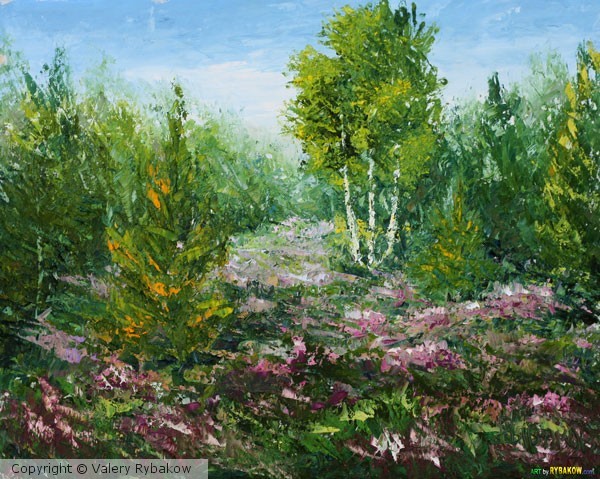 Palette knife painting: Flowers in a clearing in t