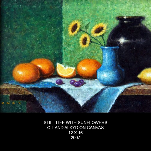 still with sunflowers, fruits and jars