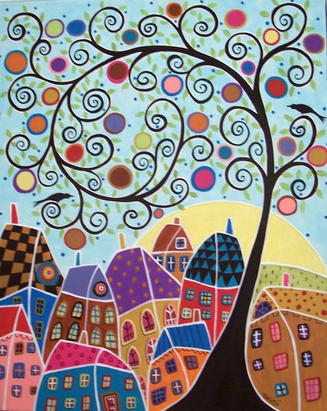 Houses Birds And A Swirl Tree