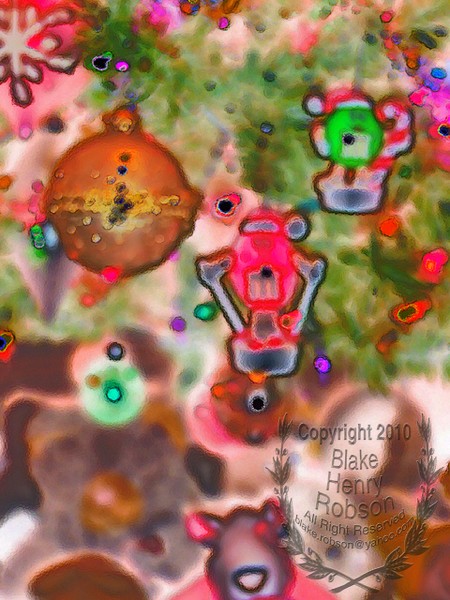 Christmas tree, ornaments, tinsel & colorful light