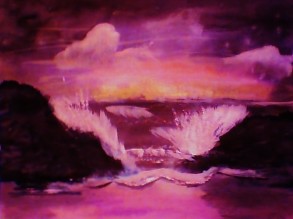 Crashing waves at red sunset